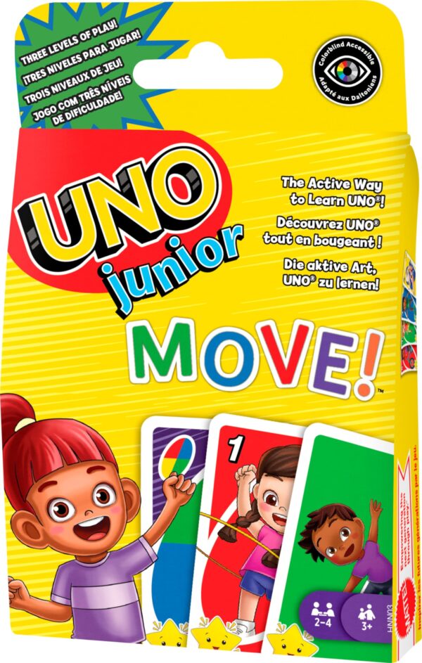 Mattel Games ​UNO Junior Move! Card Game for Kids Featuring Active Play, Simple Rules, 3 Levels of Play & Matching