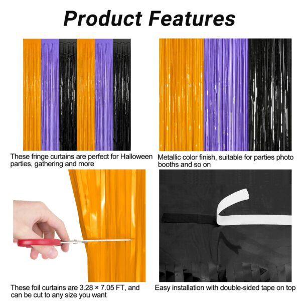 8 Pack Halloween Decorations Indoor, 3.28 FT x 7.05 FT Party Streamer, Orange Purple Black Streamer Backdrop Fringe Curtains Foil Tinsel, Halloween Party Supplies Hanging Halloween Decor - Image 4