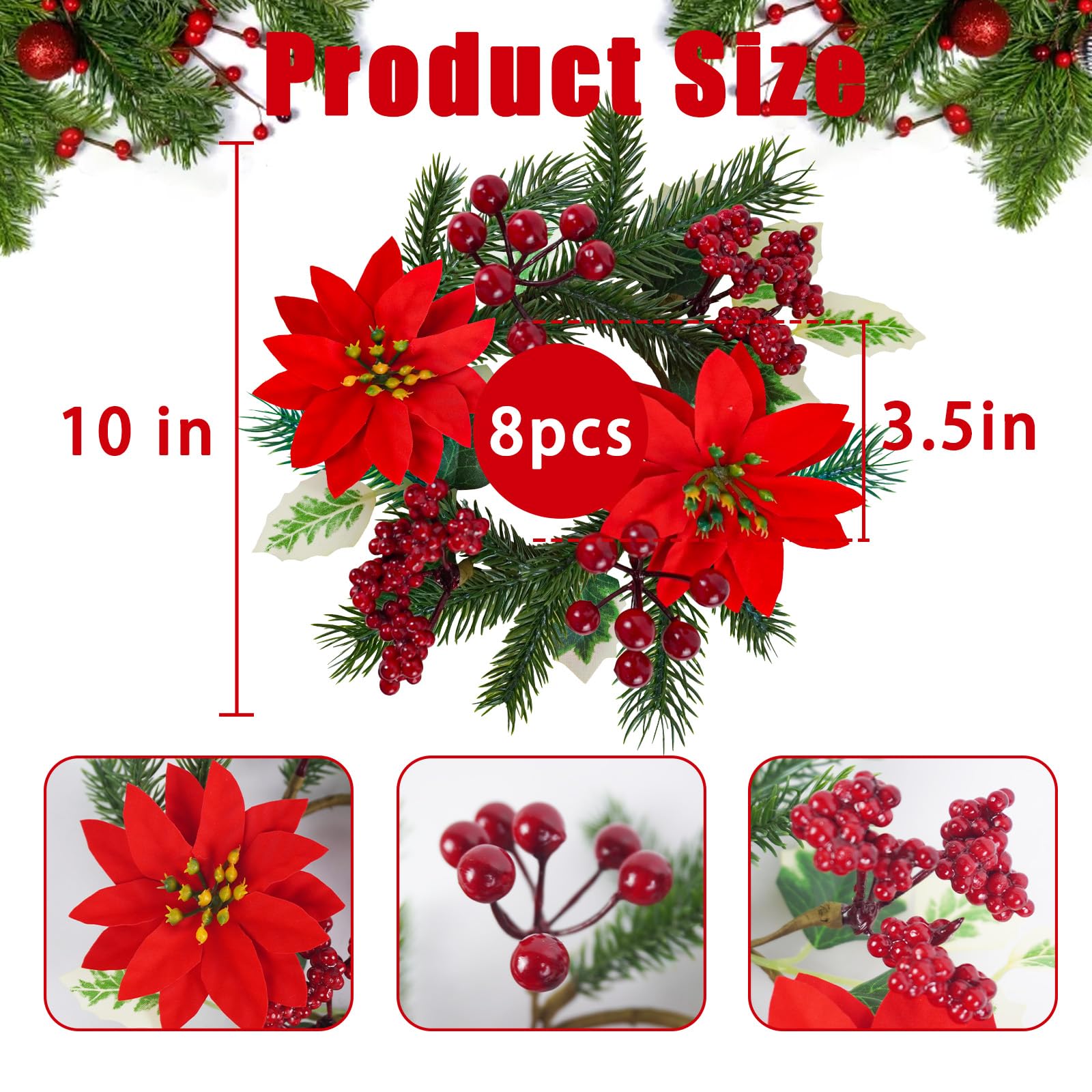 Caplidou 8 Pcs Christmas Candle Rings, Small Christmas Candle Wreath with Artificial Poinsettias Red Berries Mini Candle Wreaths Rings for Pillars Cabinets Table Centerpieces Windows Kitchen Decor - Image 3