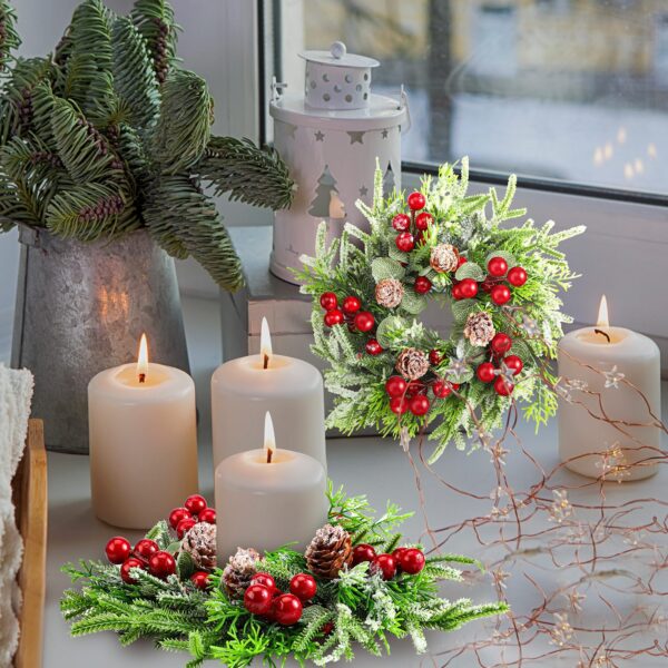 Lyrow 6 Pcs Christmas Candle Rings Wreath Norfolk Pine Garland Red Berry Pinecones Wreaths Artificial Berries Snowy Pine Garland Candle Ring Holder for Christmas Wedding Home Table Centerpiece - Image 5