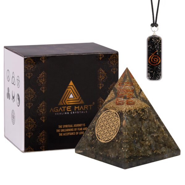 Agate Mart Labradorite Orgonite Pyramids with Black Tourmaline Pendant - Harmonizing Energy and Healing Enhancement