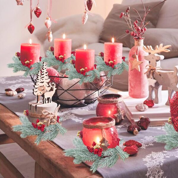 Caplidou 8 Pcs Christmas Candle Rings, Small Candle Rings Wreaths Frosted Mini Christmas Wreaths with Artificial Red Berries Gold Balls for Pillars Table Centerpieces Kitchen Cabinets Windows Decor - Image 6