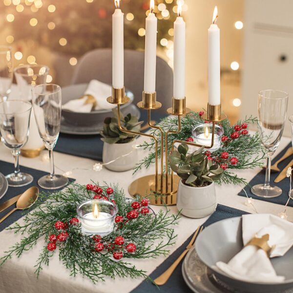 Serlvan 10 Pcs Christmas Candle Rings Wreath Artificial Candle Rings with Red Berry, Snowy Pine Garland Candle Ring Holder for Christmas Decorations Table Centerpiece - Image 5