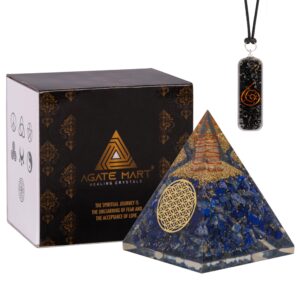 Agate Mart Lapis Lazuli Orgonite Pyramid - Healing Crystals for Success - Elevate Meditation with Orgonite Energy, Includes Black Tourmaline Pendant