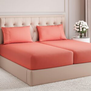 Split King Size 5 Piece Sheet Set - Comfy Breathable & Cooling Bed Sheets Set - Hotel Luxury Bedding for Women, Men, Kids, Teens, Boys & Girls - Deep Pockets, Soft and Wrinkle Free - Oeko-Tex - Coral