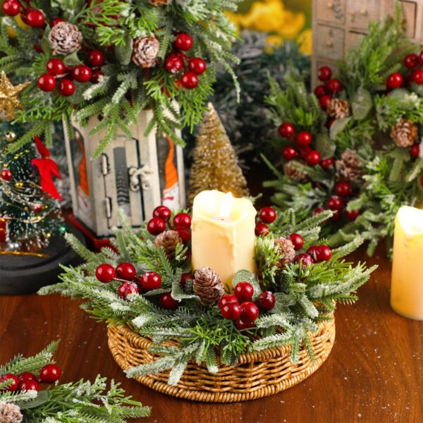 Lyrow 6 Pcs Christmas Candle Rings Wreath Norfolk Pine Garland Red Berry Pinecones Wreaths Artificial Berries Snowy Pine Garland Candle Ring Holder for Christmas Wedding Home Table Centerpiece - Image 2