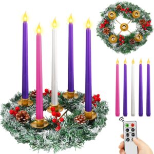 Tioncy 12 Inch Christmas Advent Wreath Candle Holder with 5 Flameless Candles Remote Control Wreaths Holder Centerpiece Decoration with Berries(Snowy Cedar Pine,11 x 0.8 x 0.8 in)