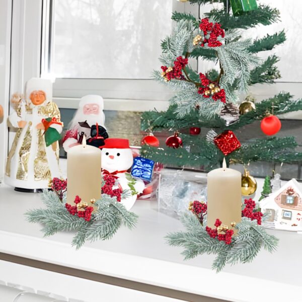 Caplidou 8 Pcs Christmas Candle Rings, Small Candle Rings Wreaths Frosted Mini Christmas Wreaths with Artificial Red Berries Gold Balls for Pillars Table Centerpieces Kitchen Cabinets Windows Decor - Image 2