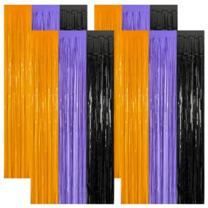 ZATAYE 4 Pack Halloween Decorations, 3.28 FT x 7.05 FT Orange Purple Black Party Streamer, Funny Photo Backdrop Foil Curtains Fringe Tinsel, Halloween Door Decor Party Supplies Indoor