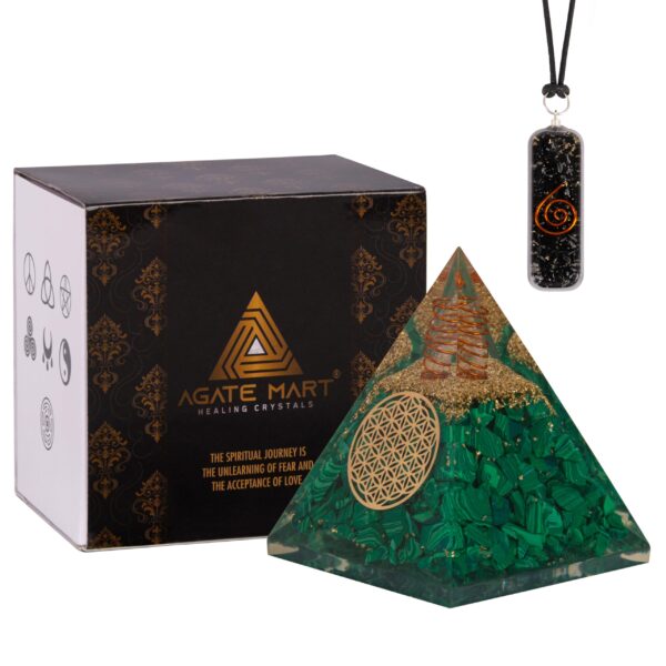 Agate Mart Malachite Orgonite Pyramids with Black Tourmaline Pendant - Healing Crystals for Success - Enhance Meditation with Orgonite Energy