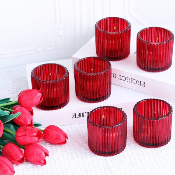 VOHO Red Votive Candle Holders for Christmas Valentines Day Decoration, Vintage Ribbed Tea Lights Candle Holder for Wedding, 6pcs Large Tealight Candle Holder for Votives Tea Lights(2.75'' x 2.56'') - Image 2