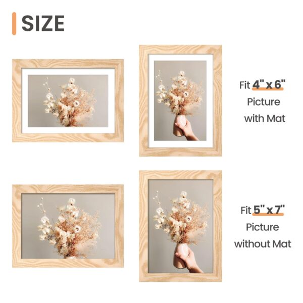 upsimples 5x7 Picture Frame, Display Pictures 4x6 with Mat or 5 x 7 Without, Wall Hanging Photo Frames, Natural, 1 Pack - Image 3