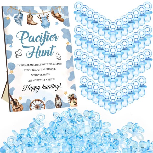 Thyle 51 Pcs Pacifier Hunt Baby Shower Games Include Hunt Sign and 50 Acrylic Pacifiers for Baby Shower Game Decoration Gift Sets Gender Reveal Party Decor(Cowboy)
