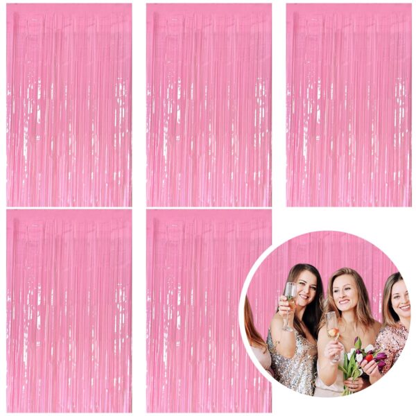 5 Pack Foil Curtain Pink Backdrop Streamers Metallic Tinsel Fringe Curtains Photo Booth Props for Birthday Wedding Engagement Bachelorette Christmas Holiday Celebration Party Decorations