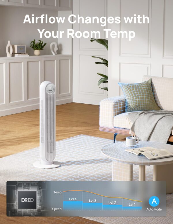 Dreo Tower Fan for Bedroom, 25ft/s Velocity Quiet Floor Fan, 90° Oscillating Fans for Indoors with 4 Speeds, 4 Modes, 8H Timer, Standing Fans, Bladeless Fan, White, Nomad One (DR-HTF007) - Image 7
