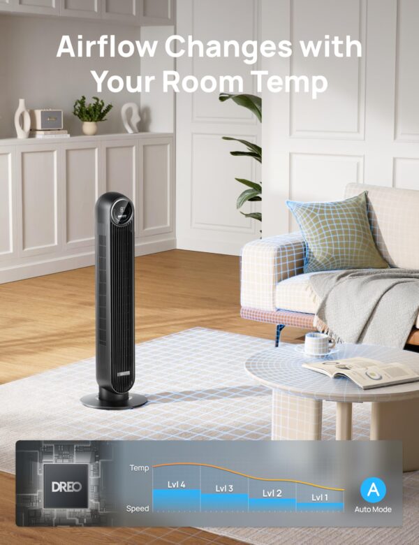 Dreo Tower Fan for Bedroom, 25ft/s Velocity Quiet Floor Fan, 90° Oscillating Fans for Indoors with 4 Speeds, 4 Modes, 8H Timer, Standing Fans, Bladeless Fan, Black, Nomad One (DR-HTF007) - Image 7