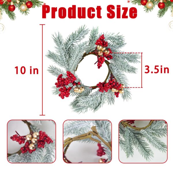 Caplidou 8 Pcs Christmas Candle Rings, Small Candle Rings Wreaths Frosted Mini Christmas Wreaths with Artificial Red Berries Gold Balls for Pillars Table Centerpieces Kitchen Cabinets Windows Decor - Image 3