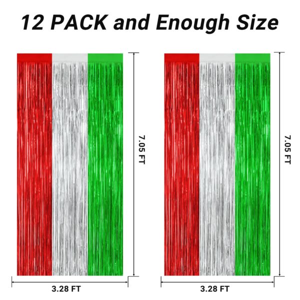 12 Pack Christmas Party Backdrop, 3.28 FT x 7.05 FT Red Silver Green Foil Streamer, Metallic Fringe Curtains Tinsel Streamer, Hanging Christmas Decorations Picture Props Door Decor - Image 2