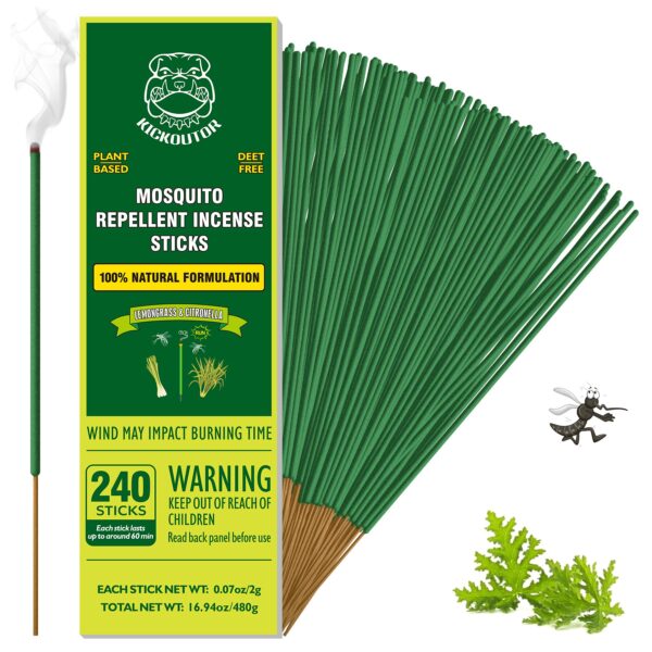 KICKOUTOR® Mosquito Repellent Outdoor Patio 240 PCS Natural Citronella Incense Sticks DEET Free Lemongrass Oil Gnat Mosquito Control for Indoor Backyard Travel Camping