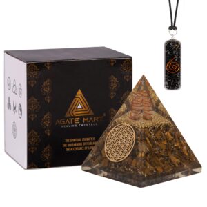 Agate Mart Tiger Eye Orgonite Pyramids with Black Tourmaline Pendant - Grounding and Protective Energy Set