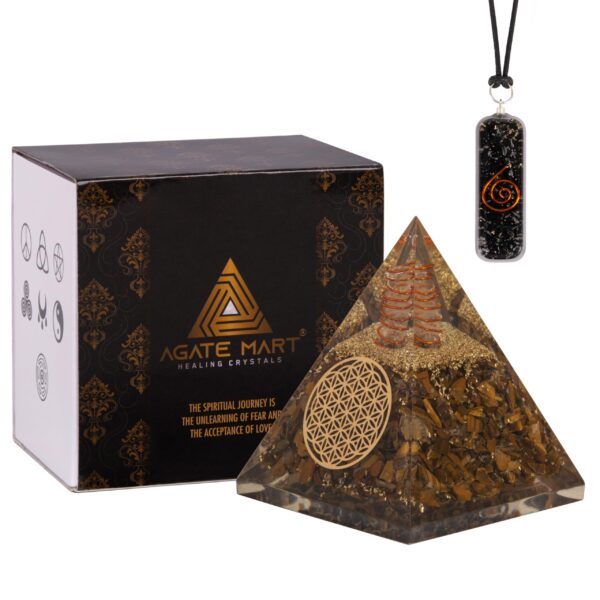 Agate Mart Tiger Eye Orgonite Pyramids with Black Tourmaline Pendant - Grounding and Protective Energy Set