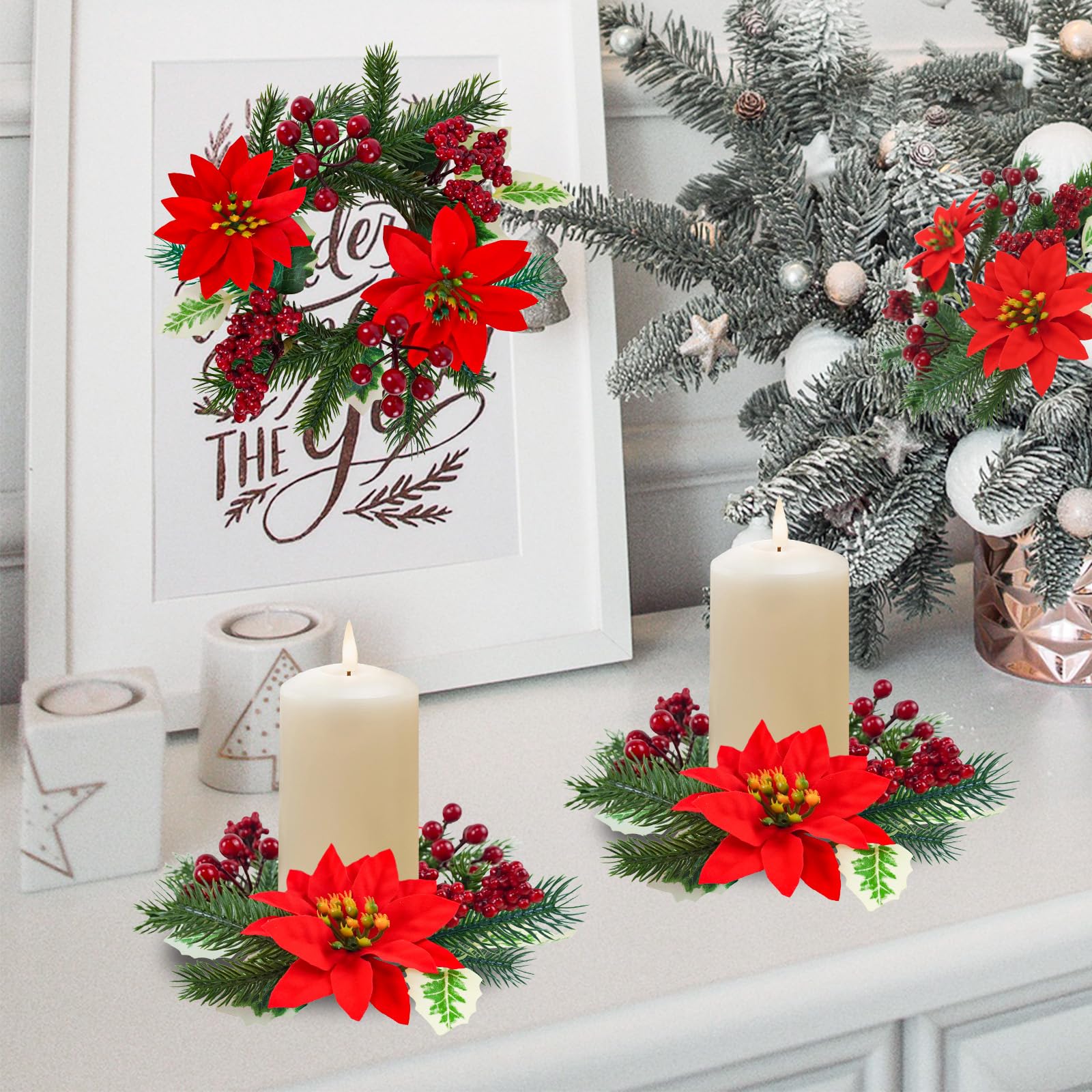 Caplidou 8 Pcs Christmas Candle Rings, Small Christmas Candle Wreath with Artificial Poinsettias Red Berries Mini Candle Wreaths Rings for Pillars Cabinets Table Centerpieces Windows Kitchen Decor - Image 2