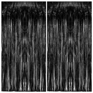 2 Pack Foil Curtain Backdrop Black Metallic Tinsel Foil Fringe Curtains Photo Booth Props for Birthday Wedding Engagement Baby Shower Bachelorette Christmas Holiday Celebration Party Decorations