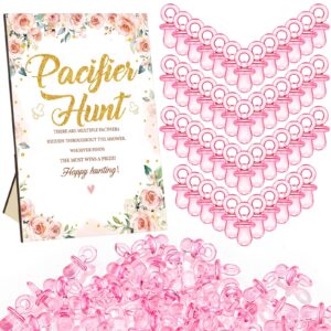 Thyle 51 Pcs Pacifier Hunt Baby Shower Games Include Hunt Sign and 50 Acrylic Pacifiers for Baby Shower Game Decoration Gift Sets Gender Reveal Party Decor(Flower)