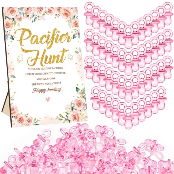 Thyle 51 Pcs Pacifier Hunt Baby Shower Games Include Hunt Sign and 50 Acrylic Pacifiers for Baby Shower Game Decoration Gift Sets Gender Reveal Party Decor(Flower)