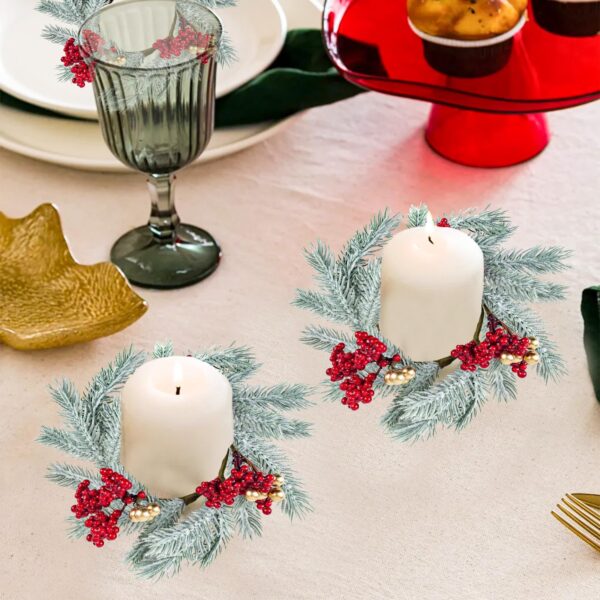 Caplidou 8 Pcs Christmas Candle Rings, Small Candle Rings Wreaths Frosted Mini Christmas Wreaths with Artificial Red Berries Gold Balls for Pillars Table Centerpieces Kitchen Cabinets Windows Decor - Image 5