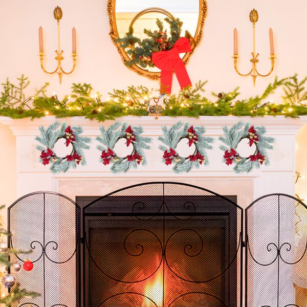 Caplidou 8 Pcs Christmas Candle Rings, Small Candle Rings Wreaths Frosted Mini Christmas Wreaths with Artificial Red Berries Gold Balls for Pillars Table Centerpieces Kitchen Cabinets Windows Decor - Image 4