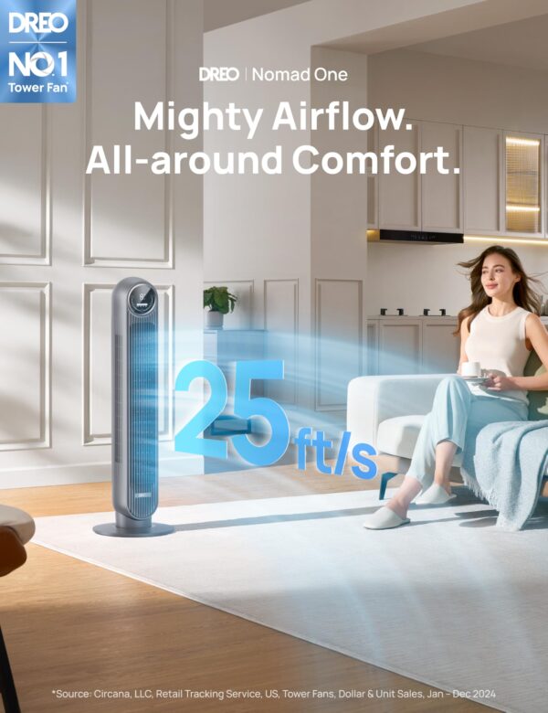 Dreo Tower Fan for Bedroom, 25ft/s Velocity Quiet Floor Fan, 90° Oscillating Fans for Indoors with 4 Speeds, 4 Modes, 8H Timer, Bladeless Fan, Standing Fans, Grey, Nomad One (DR-HTF007) - Image 2
