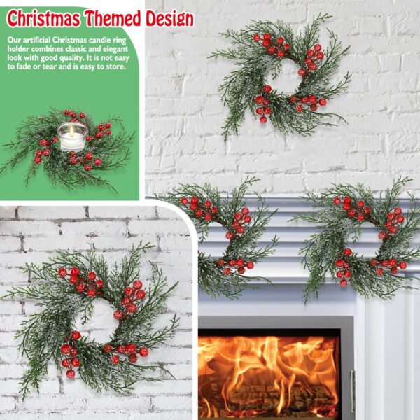 Serlvan 10 Pcs Christmas Candle Rings Wreath Artificial Candle Rings with Red Berry, Snowy Pine Garland Candle Ring Holder for Christmas Decorations Table Centerpiece - Image 4