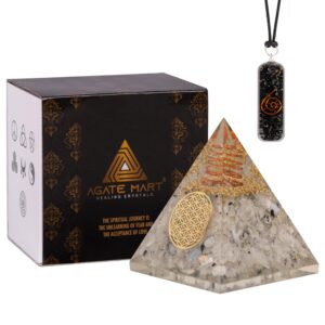 Agate Mart Orgonite Pyramids featuring Moonstone and Black Tourmaline Pendant - Emitting Vibrant Energy Pyramid for Anti-stress - Calmness – Growth – Strength – Healing Crystal Gemstone