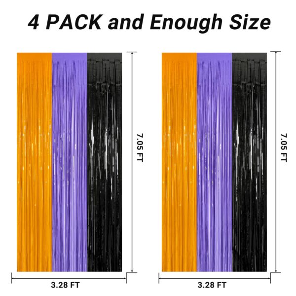 ZATAYE 4 Pack Halloween Decorations, 3.28 FT x 7.05 FT Orange Purple Black Party Streamer, Funny Photo Backdrop Foil Curtains Fringe Tinsel, Halloween Door Decor Party Supplies Indoor - Image 2