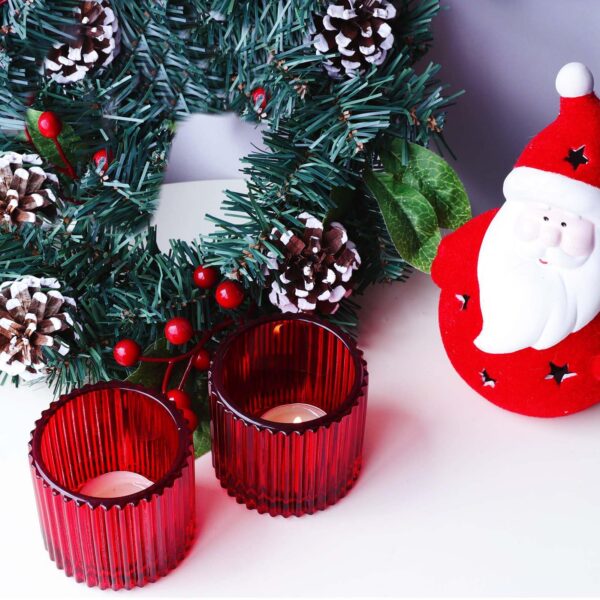 VOHO Red Votive Candle Holders for Christmas Valentines Day Decoration, Vintage Ribbed Tea Lights Candle Holder for Wedding, 6pcs Large Tealight Candle Holder for Votives Tea Lights(2.75'' x 2.56'') - Image 6