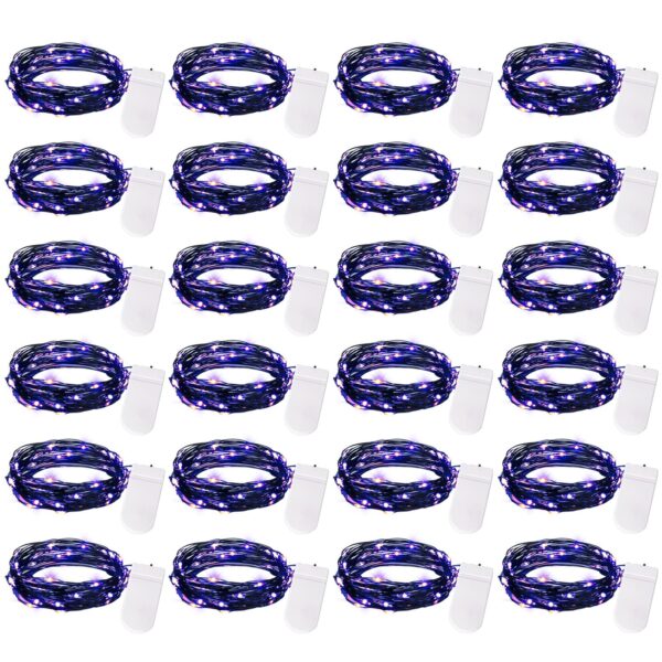 Brightown 24 Pack Fairy Lights Battery Operated, Halloween String Lights Waterproof Black Wire 7 ft 20 LED Firefly Starry Lights for Hallowen Decorations DIY Paper Lantern Craft Pumpkin (Purple)
