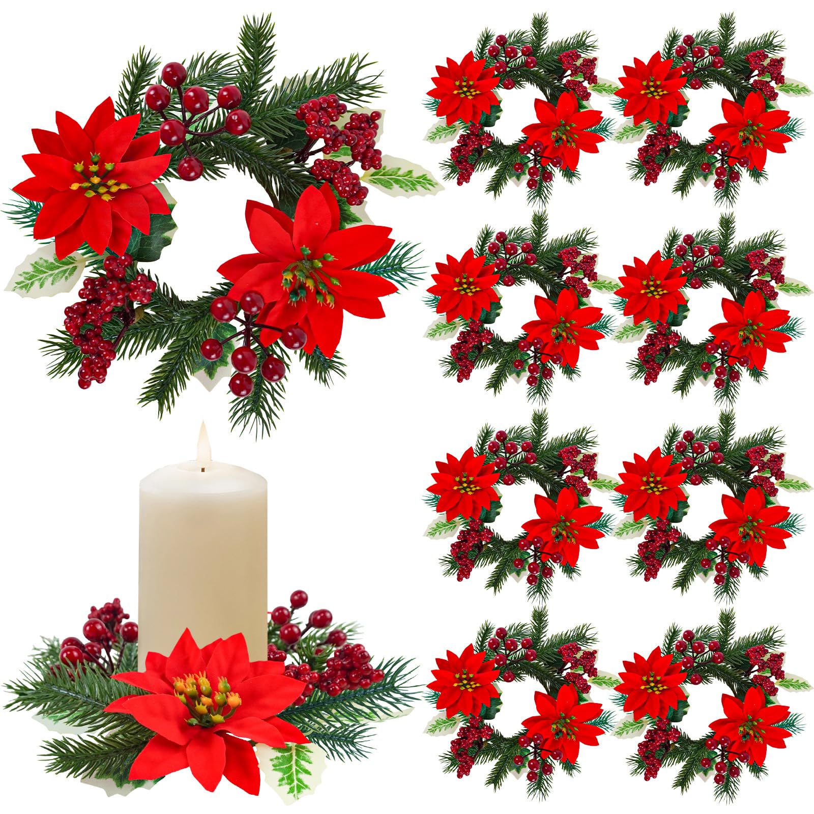 Caplidou 8 Pcs Christmas Candle Rings, Small Christmas Candle Wreath with Artificial Poinsettias Red Berries Mini Candle Wreaths Rings for Pillars Cabinets Table Centerpieces Windows Kitchen Decor
