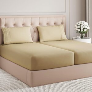 Split King Size 5 Piece Sheet Set - Comfy Breathable & Cooling Bed Sheets Set - Hotel Luxury Bedding for Women, Men, Kids, Teens, Boys & Girls - Deep Pockets, Soft and Wrinkle Free - Oeko-Tex - Beige