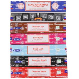Satya Incense Sticks Gift Set, 7 Scents, Nag Champa, Super Hit, Dragon's Blood, Sandalwood, Patchouli, Lavender, Positive Vibes, 15g Each (Magic Mix)