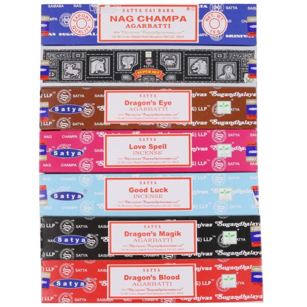 Satya Incense Sticks Gift Set, 7 Scents, Nag Champa, Super Hit, Dragon's Blood, Sandalwood, Patchouli, Lavender, Positive Vibes, 15g Each (Magic Mix)