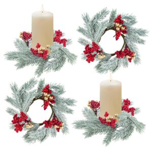 Caplidou 4 Pcs Christmas Candle Rings, Frosted Small Christmas Wreath Mini Candle Rings Wreaths with Artificial Red Berries Gold Balls for Table Centerpieces Pillars Kitchen Cabinets Windows Decor