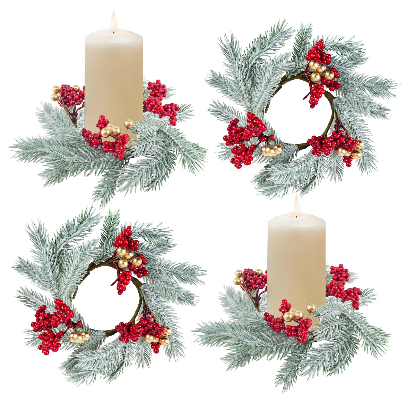 Caplidou 4 Pcs Christmas Candle Rings, Frosted Small Christmas Wreath Mini Candle Rings Wreaths with Artificial Red Berries Gold Balls for Table Centerpieces Pillars Kitchen Cabinets Windows Decor