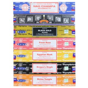 Satya Incense Sticks Gift Set, 7 Scents, Nag Champa, Super Hit, Dragon's Blood, Sandalwood, Patchouli, Lavender, Positive Vibes, 15g Each (Healing Mix)