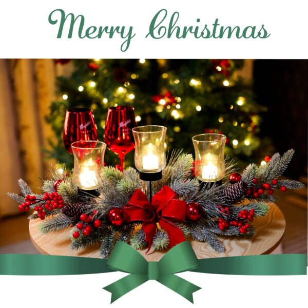 Red Christmas Table Centerpiece,Christmas Decoration Cedar with 3 Candlestick Glass Cup, Red Berry, Christmas Balls for Holiday Party, Home, Fireplace - Image 5