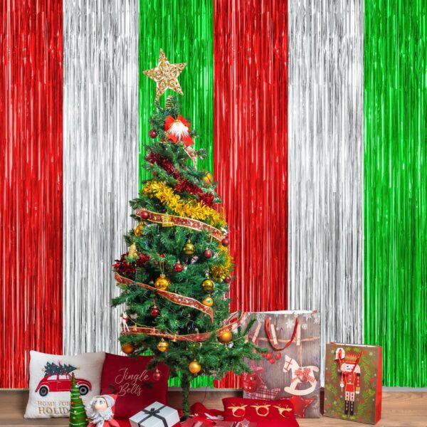 12 Pack Christmas Party Backdrop, 3.28 FT x 7.05 FT Red Silver Green Foil Streamer, Metallic Fringe Curtains Tinsel Streamer, Hanging Christmas Decorations Picture Props Door Decor - Image 7
