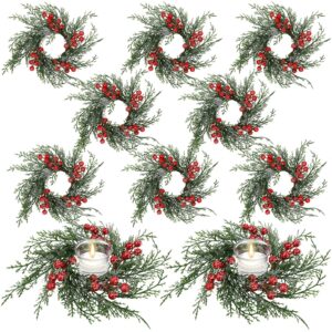 Serlvan 10 Pcs Christmas Candle Rings Wreath Artificial Candle Rings with Red Berry, Snowy Pine Garland Candle Ring Holder for Christmas Decorations Table Centerpiece