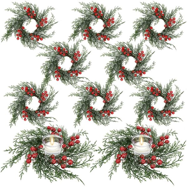 Serlvan 10 Pcs Christmas Candle Rings Wreath Artificial Candle Rings with Red Berry, Snowy Pine Garland Candle Ring Holder for Christmas Decorations Table Centerpiece