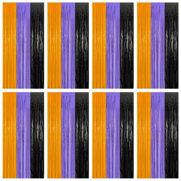 8 Pack Halloween Decorations Indoor, 3.28 FT x 7.05 FT Party Streamer, Orange Purple Black Streamer Backdrop Fringe Curtains Foil Tinsel, Halloween Party Supplies Hanging Halloween Decor