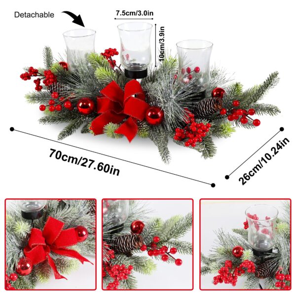 Red Christmas Table Centerpiece,Christmas Decoration Cedar with 3 Candlestick Glass Cup, Red Berry, Christmas Balls for Holiday Party, Home, Fireplace - Image 2